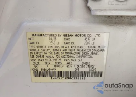 2008 Nissan Altima Hybrid from USA, damaged, VIN 1N4CL21E98C198328